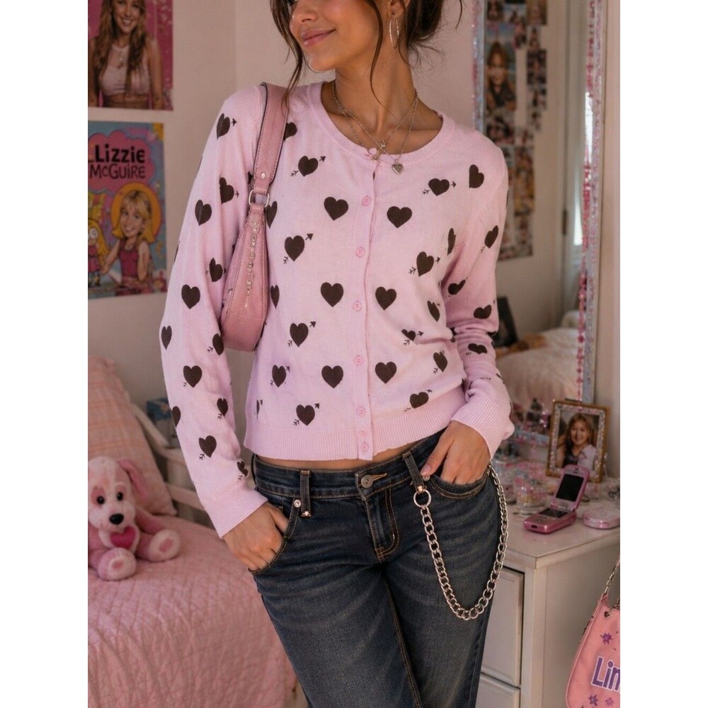 Vtg Powder Pink Button Up Cardigan M Black Hearts Valentine's Crew Neck Y2k
